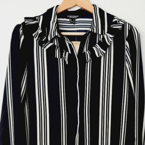 STREETWEAR SOCIETY Ruffle Collar Button Down Striped Shirt Top B&W Sz L - Picture 2 of 13